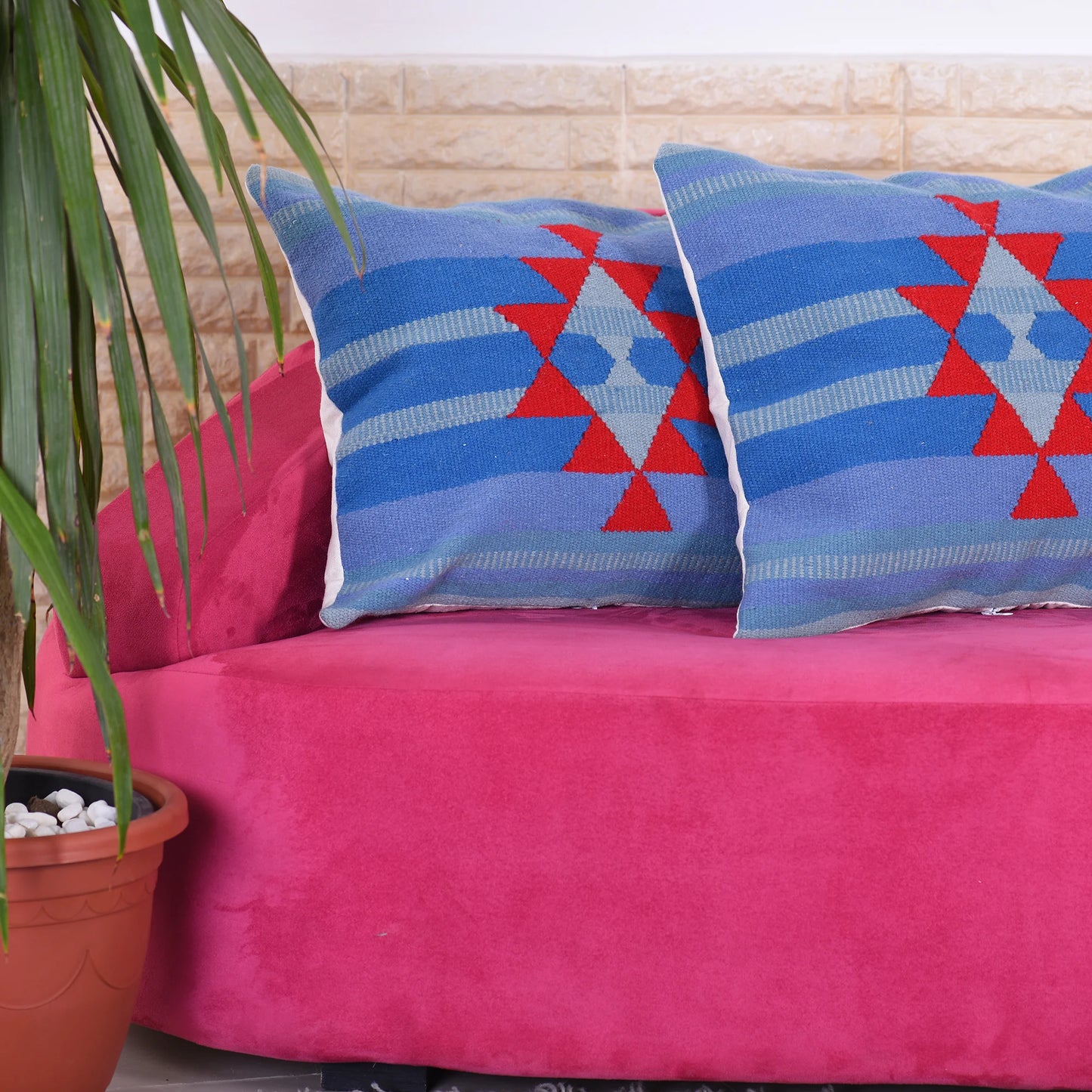 A vibrant pink sofa adorned with two blue and red patterned cushions. A potted plant is positioned to the left, adding a touch of greenery to the scene, against a textured beige wall.