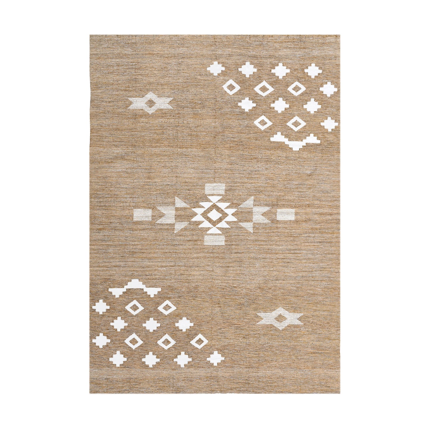 A rectangular woven rug is showcased against a white background. The rug features a warm beige tone with striking white geometric patterns, including diamonds and crosses, arranged in a balanced design. The fringed edges add a touch of texture, while a small brand tag in the corner highlights its quality craftsmanship. The overall look combines elegance with a contemporary aesthetic.