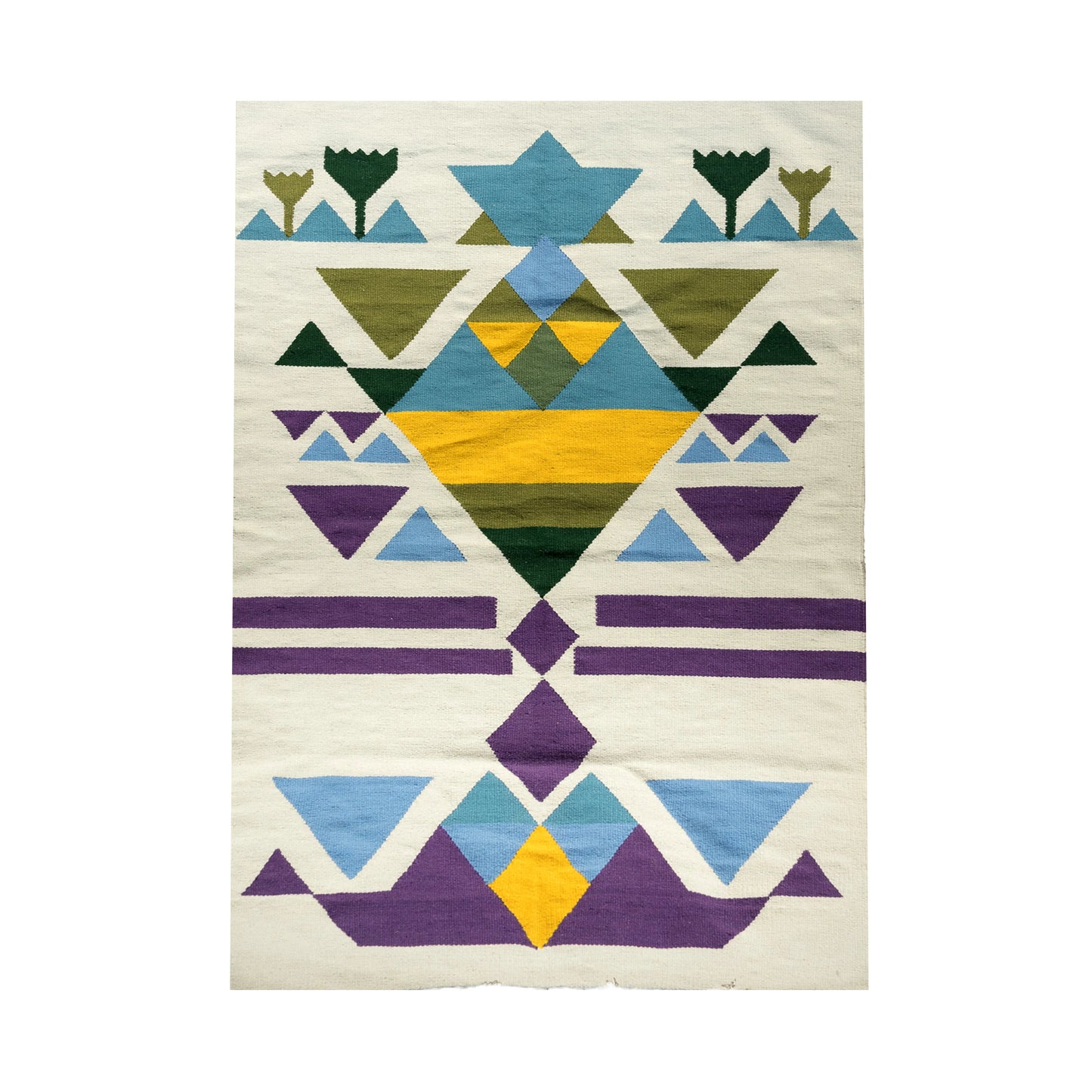 "A woven rug with geometric patterns in green, yellow, blue, and purple on a light beige background, displayed vertically."