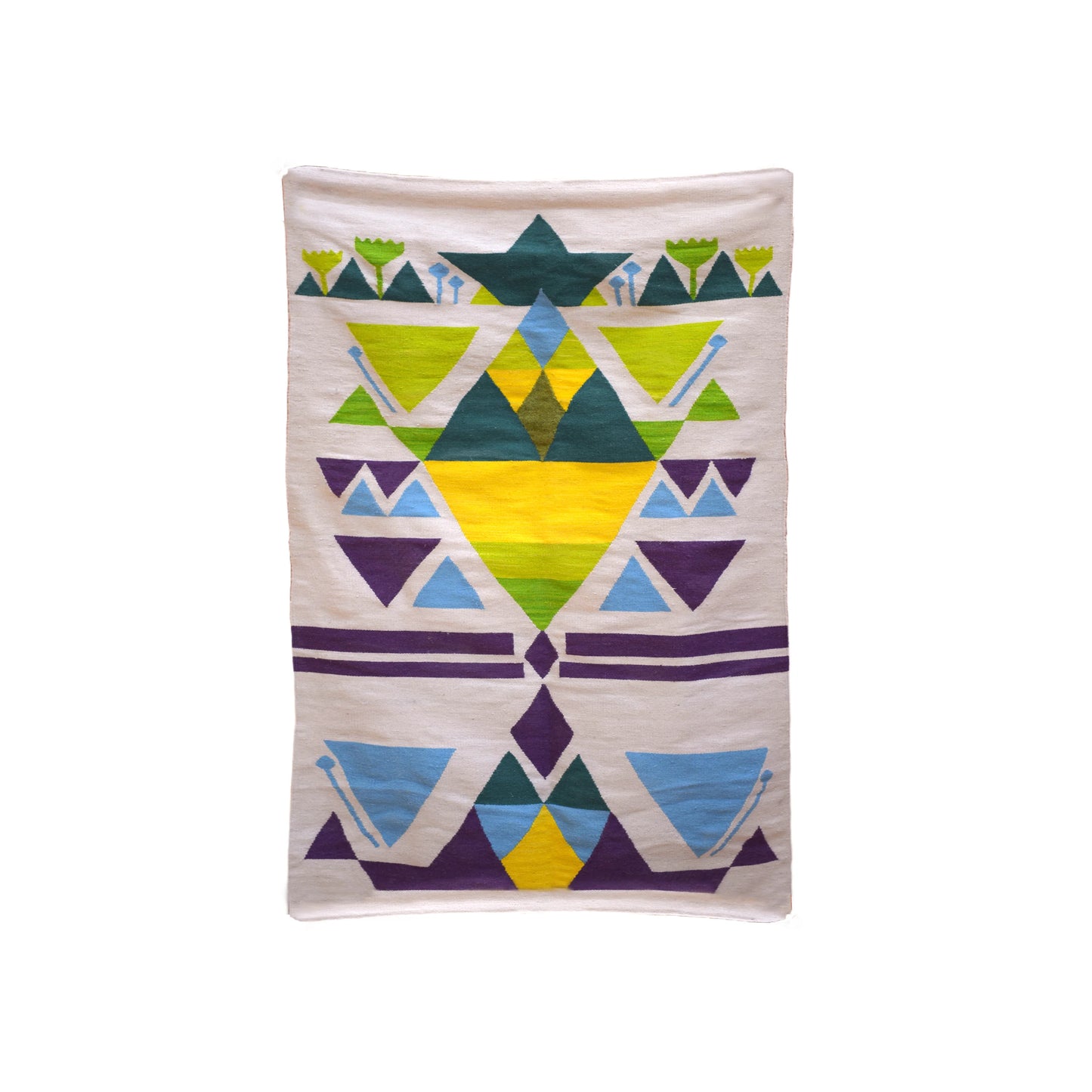 "A full view of a woven rug featuring geometric patterns in green, yellow, blue, and purple on a light beige background."