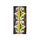 "A woven rug with geometric patterns in green, yellow, blue, and purple on a dark background, displayed vertically."