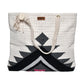 "Front view of a handwoven tote bag with a geometric pattern in black, gray, white, and pink colors. The bag has rope handles and a button closure with a tassel."