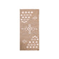 A rectangular woven rug is displayed against a white background. The rug features a neutral beige color with intricate white geometric patterns, including diamonds and crosses. The design combines modern and traditional elements, while the fringed edges add texture. A small brand tag is visible in the corner, enhancing the rug's stylish appeal.